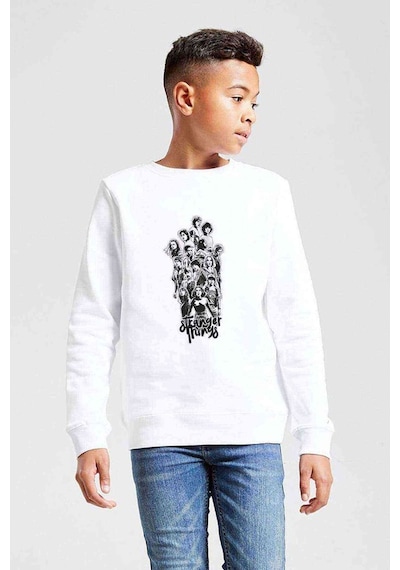 Tshirthane Stanger Things Gang Draw Baskılı Unisex Çocuk Beyaz Sweatshirt Beyaz