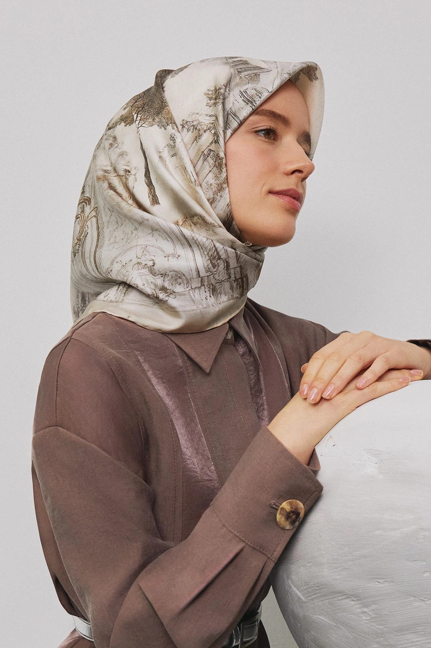 Armine Obje Desenli Saf İpek Sura Eşarp 9326d 31 Gri