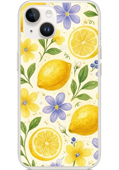 İphone 14 Plus Uyumlu Sulu Boya Limon Ve Çiçek Desenli Baskılı Silikon Kılıf Renkli