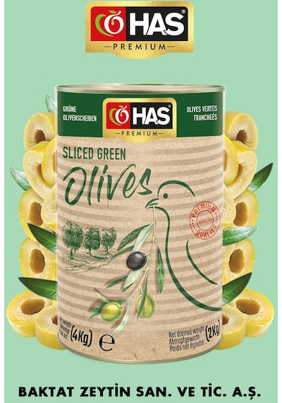 Has Premium Dilimlenmiş Yeşil Zeytin 5/1 4 KG