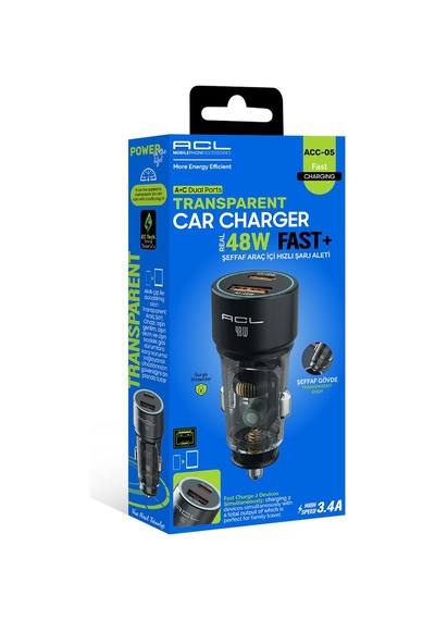 Acc-05 48w Şeffaf Gövdeli Hızlı Araç Şarj Cihazı Pd 30w + Qc 3.0 18w Çift Portlu Akıllı Şarj Başlığı