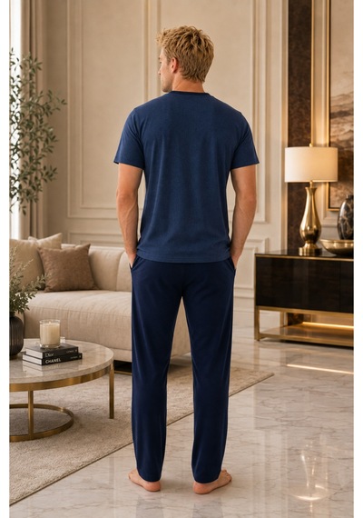 Pijamask Erkek İndigo Mavi Düğmeli Yaka Dokulu Pamuklu Uzun Pantolonlu Pijama Takımı Rahat Ev Giyim İndigo Mavi