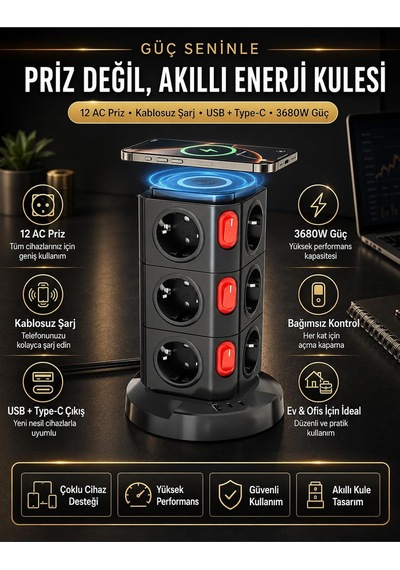 12'li Kule Tipi Çoklu Priz 3680w Kablosuz Şarjlı 1xusb-a 2xtype- C Akıllı Güç İstasyonu Standart