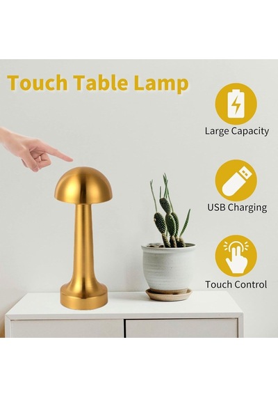 Mantar Masa Lambası, Dokunmatik Kontrol, Type-c Usb Şarjlı, Altın Rengi, Led Diğer
