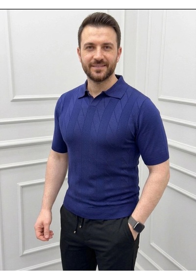 Erkek Yazlık Triko Dokuma Tişört Kısa Kol Polo Yaka T-shirt - Lacivert