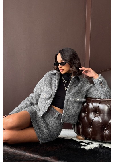 Verymoda Suni Kürk Görünümlü Kadın Ceket Gri