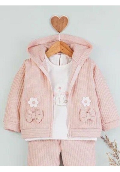 Baby Rose Kız Bebek Papatya Nakışlı Hırkalı 3lü Eşofman Takım-14922 Pudra