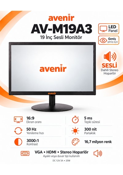 Avenir Av-m19a3 19 İnç Led Monitör Dahili Stereo Hoparlör