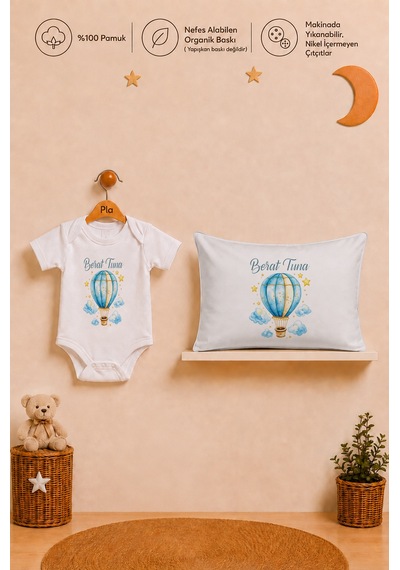 Pia Baby İsme Özel Erkek Bebek Hediyesi %100 Pamuk Organik Baskılı Body Yastık Kılıfı Ve Ham Bez Kıyafet Kesesi 1027bykyx Ekru