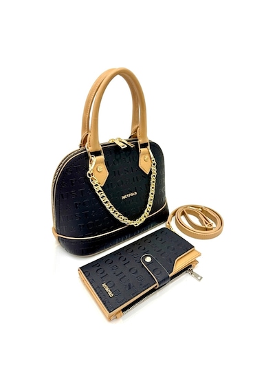 Just Polo Kadın Zincir Detaylı Lüks El & Omuz Çantası Ve Cüzdanı Kombin Shopper Ebat : 25x22 Cm Siyah - Camel