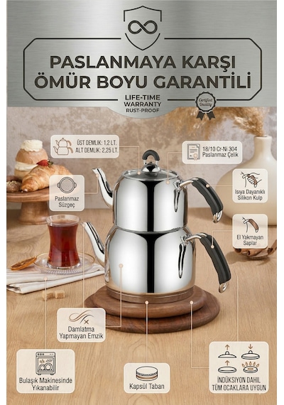 Özkent Lotus Orta Boy Paslanmaz Çelik Çaydanlık 3,45 Lt 1,2+2,25lt Süzgeçli