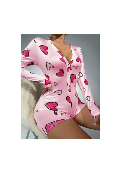 Gugus Kadın Düğmeli Kısa Şortlu/uzun Kollu Düğmeli Tulum Açık-pembe-kalpli