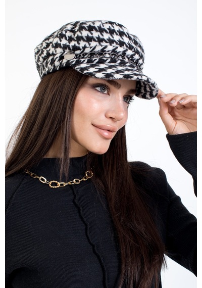 Ladycolor Kadın Kışlık Şapka Kaşe Kaptan Kışlık Zincir Aksesuarlı Kazayağı Desen Beyaz