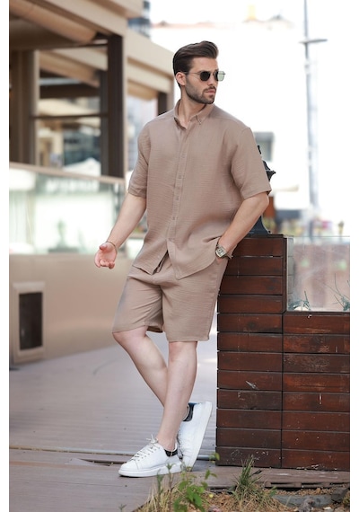 Madmext Camel Basic Erkek Şort Gömlek Takım E7321 CAMEL