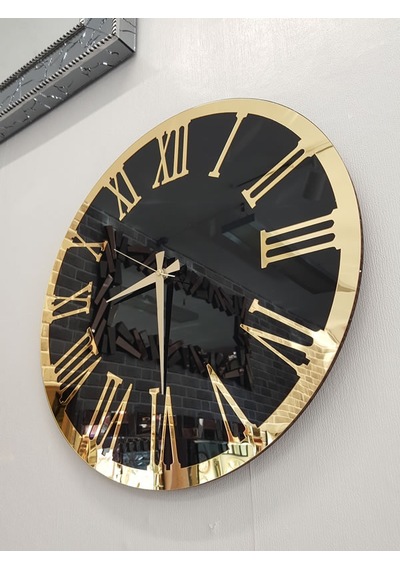 Ayna Denizi Golden Jet Black Model Altın Siyah Renk 50 Cm Dekoratif Aynalı Duvar Saati Siyah