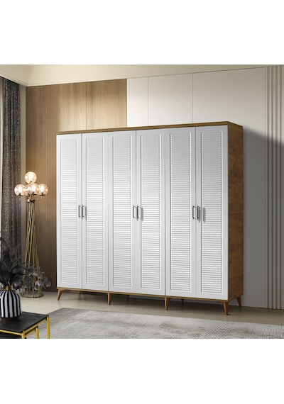 GuneyStore Paris 6 Kapaklı Komple MDF Atlantik Çam-Beyaz Gardırop