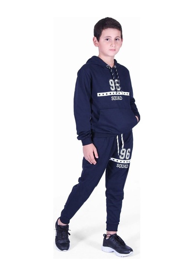 Fyk Kids 96 Yazı Baskılı Kanguru Cepli Kapşonlu Erkek Çocuk Takımı Lacivert