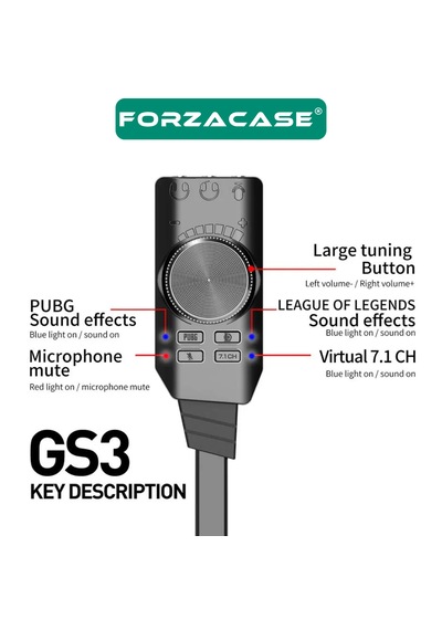 Forzacase Usb Dsp Harici Ses Kartı 7.1 Kanal 3.5mm Kulaklık Mikrofon Çevirici, Pubg Lol Efekt Fc1225