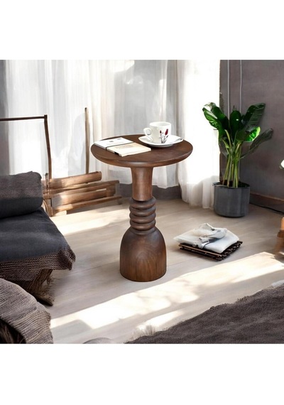 Wood Woodenahşap Tekli Mantar Yan Sehpa Modern Ceviz Renk 50cm Koyu Ceviz