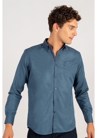Tudors Klasik Fit Rahat Kesim Poplin Oxford Erkek Gömlek-24988 Petrol