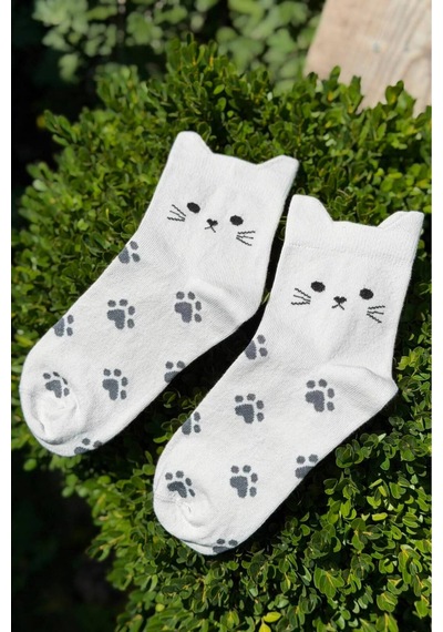 Lousocks Unisex Kedi Kulaklı Pati Desenli Gri Melanj Soket Çorap