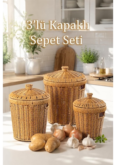 Tr Pbt-439 3lü Hasır Sepet Kapaklı Bambu Sepet Seti Dekoratif Banyo Mutfak Düzenleyici Organizeri Diğer
