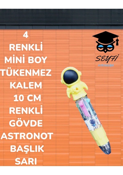 4 Renkli Mini Boy Tükenmez Kalem 10 Cm Renkli Gövde Astronot Başlık Sarı