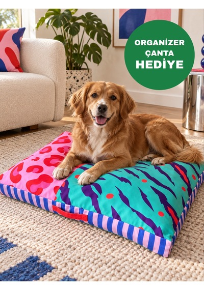 Kedi Ve Köpek Yatağı 80x60 Cm - Desenli, Yıkanabilir Kılıflı Organizer Çanta Hediyeli