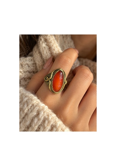 Esoo Jewelry Yılan Figürlü Akik Taşlı Ayarlanabilir Yüzük Antik Pirinç Unisex Gold