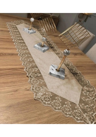 Kadife Dantel Detaylı Krem Runner 140x40cm Kahve Renkli