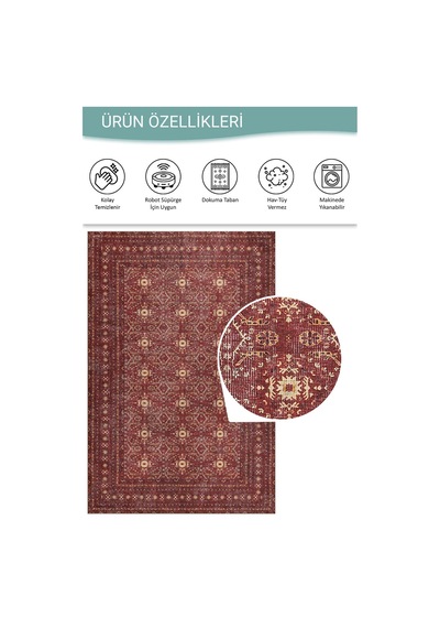 Artloop Relic Bordo Vintage Dokulu Geleneksel Desenli Dokuma Tabanlı Şönil Halı Al 477 Bordo & Krem