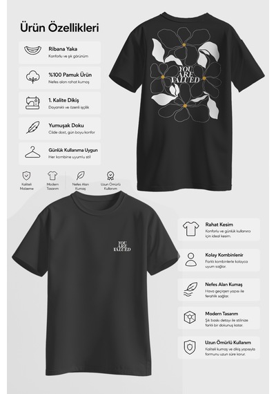 Spoyi Değer Çiçeği Tasarımlı %100 Pamuk Yarım Oversize Siyah T-shirt