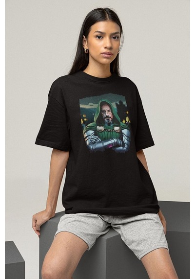 Doom Baskılı Unisex Tişört, Oversize Doctor Doomstay Marvel Karak Siyah