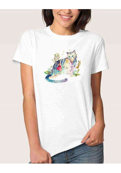 Watercolor Cat Kadın Beyaz Tshirt (534311992)