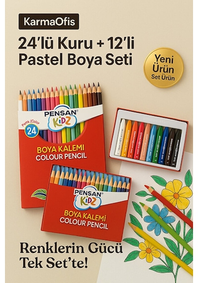 24 Lü Kuru Boya + 12 Li Pastel Boya Seti Canlı Renkler, Yumuşak