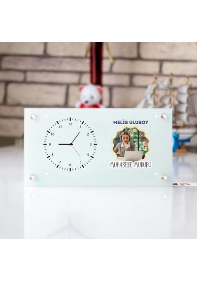 Kişiye Özel Fotoğraflı Cam Masa Saati Ve Ofis İsimliği Beyaz