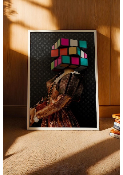 Rubik Küpü Kafalı Kadın Çerçeveli Tablo Rönesans Tarzı Renkli Küp Başlıklı Modern Ofis Dekoru Modifiye Sanat