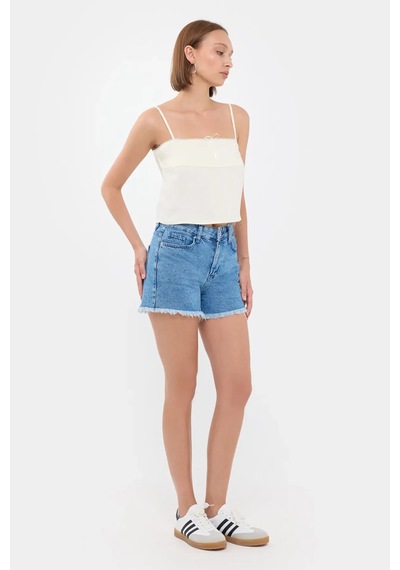 Hiccup Çizgili Kare Yaka Askılı Crop Top Beyaz