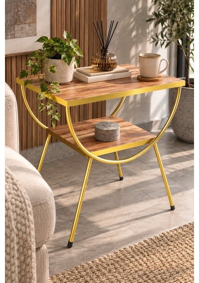 Sulorahome Ceviz Desenli Gold Metal Yan Sehpa Ve Komodin