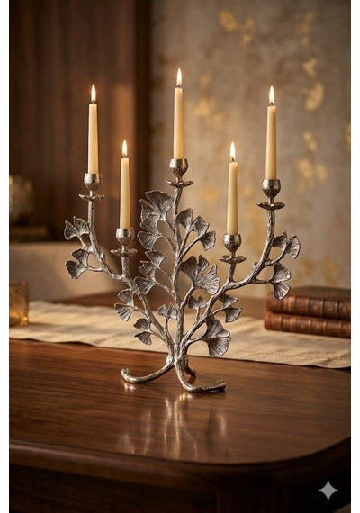 Gıngko Leaf 5 Lıghts Candle Holder Nıckel Antıque 45,8x15,5x42 Cm Gümüş