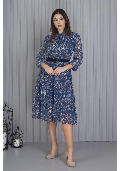 Neşeli Butik Kadın Indigo Kemerli Omuzları Gipeli Desenli Şifon Elbise Apcx04 Indigo