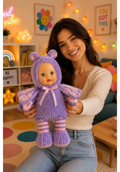 Sevimli Bebek Yüzlü Arı Peluş Oyuncak Arı Kostümlü Büyük Boy Bebek 35 Cm Mor