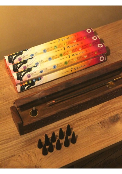 Ağaç Tabut Tütsülük & 10 Adet Palo Santo Konik Tütsü & 7 Çakra Çubuk 6lı Paket 250 Adet Tütsü