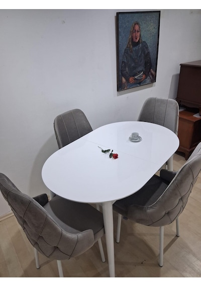 Masa Sandalye 90655 Retro Masa 4 Adet Lüks Kapitone Sandalye Ayaklar Demir Beyaz