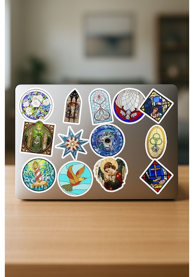 Vitray Stained Glass Temalı Telefon Laptop Bullet Journal Yapışkanlı Folyo Sticker Paketi 25 Adet Çok Renkli