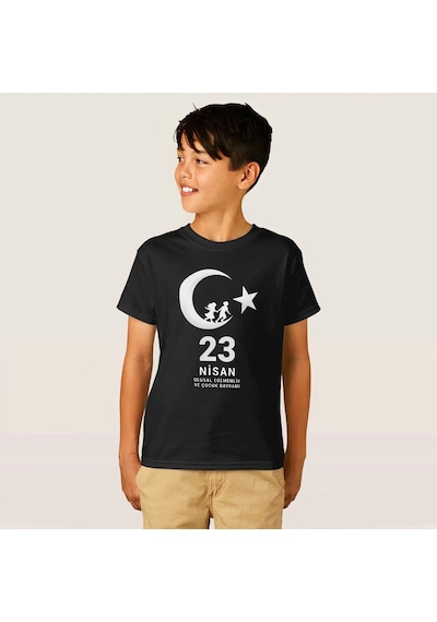Çocuk 23 Nisan Ulusal Egemenlik Ve Çocuk Bayramı Baskılı Bisiklet Yaka T-shirt - Siyah Çok Renkli