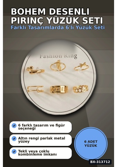 Bohem Desenli 6 Adet Pirinç Yüzük Seti - 7-8 Numara, Bayan Bijuteri Takı Bx-313712 Çok Renkli