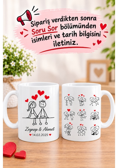 Çizgi Karakterli Sevgili Kupası Çiftler İçin Kişiye Özel İsim Ve Tarih Baskılı Söz Nişan Düğün Yıl Dönümü Kupa Bardak Hediyesi Beyaz