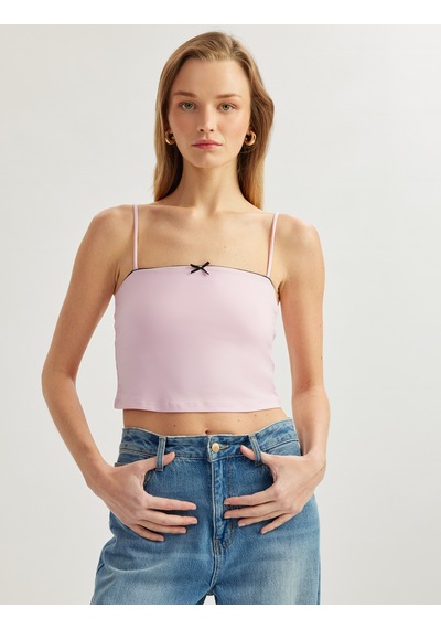 Koton Renk Kontrastlı Fiyonk Detaylı Slim İnce Askılı Crop Üst Pembe 5sak10339ek Gül