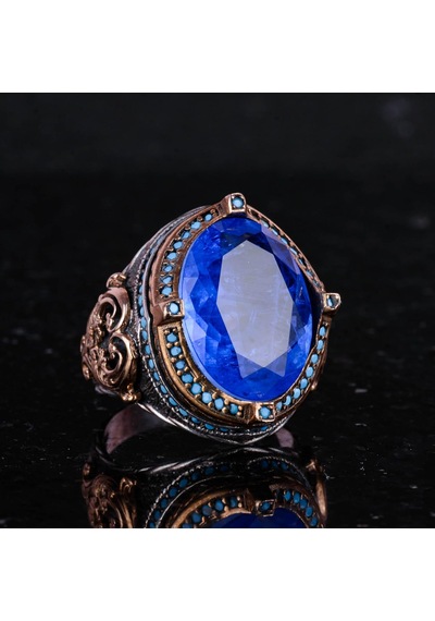 925 Ayar Gümüş Erkek Yüzük, Yapay Taşlı, El Yapımı Vintage Tasarım İfade Yüzüğü Yapay Mavi Paraiba Gümüş